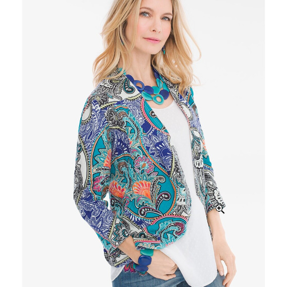 Chico's Paisley 100% Linen Drape Front 3/4 Sleeve Jacket Size 3 XL‎ Teal Blue - Picture 1 of 6